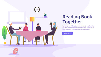reading book habit. spend time at home during quarantine concept. vector illustration template for web landing page, banner, presentation, social, festival poster, ad, promotion or print media