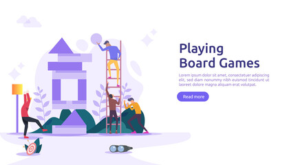 Fototapeta na wymiar people playing board or tabletop games together concept. illustration template for web landing page, banner, presentation, social, poster, ad, promotion or print media