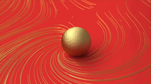 3D Gold sphere. Red background texure. Twisting golden lines. New year 2021. Christmas backdrop. 4K Animation. High quality stock footage.