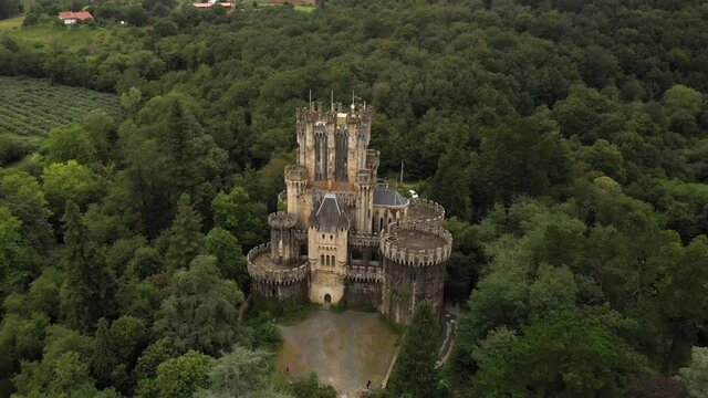 Aerial Orbit Around Famous Butron Castle. Fairy Tale Bavarian Replica