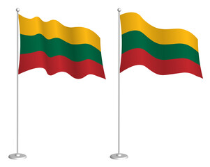 flag of lithuania on flagpole waving in the wind. Holiday design element. Checkpoint for map symbols. Isolated vector on white background