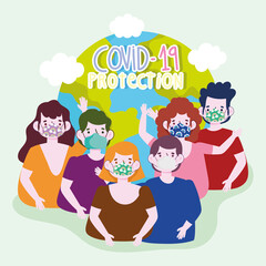 new normal lifestyle, cartoon people wearing medical masks together planet