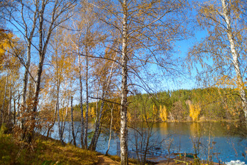 Fototapeta na wymiar Beautiful autumn landscape with clear blue lake and yellow autumn trees.