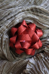 Red Glitter Ribbon on Gold Pleat Fabric , Season Greeting time is Coming