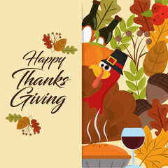 happy thanksgiving day, turkey with hat acorns wine bottle leaves banner