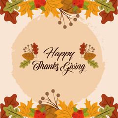 happy thanksgiving day, autumn leaves foliage and fruits card