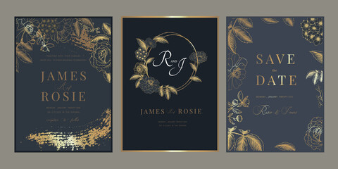 Navy Blue Luxury Wedding Invitation, floral invite thank you, rsvp modern card Design in gold flower with  leaf greenery  branches decorative Vector elegant rustic template