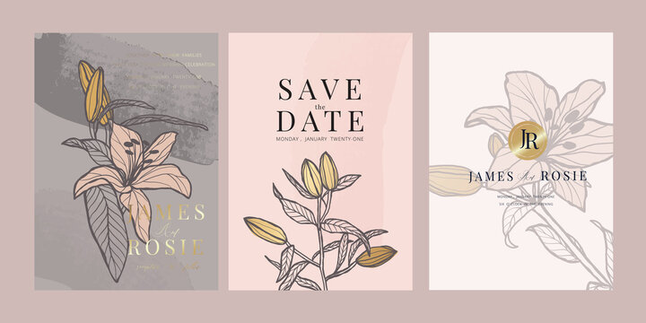 Navy Blue Luxury Wedding Invitation, floral invite thank you, rsvp modern card Design in gold flower with  leaf greenery  branches decorative Vector elegant rustic template