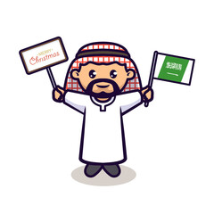 Cute Arabian kid holding a Christmas banner