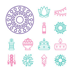 rangoli and diwali festival icon set, line style