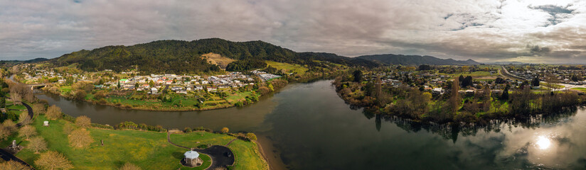 Aerial panoramic view of the confluence of the Waikato and Waipa Rivers located in Ngāruawāhia, Waikato, New Zealand