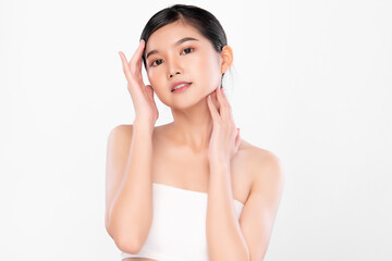 Beautiful young asian woman with clean fresh skin on white background, Face care, Facial treatment, Cosmetology, beauty and spa, Asian women portrait