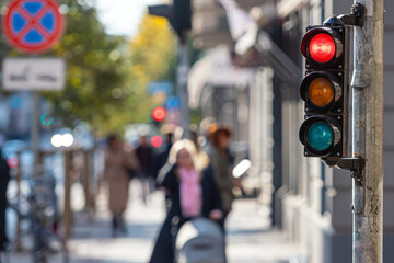 view of city street with pedestrians and traffic lights, in the foreground a semaphore with a red...