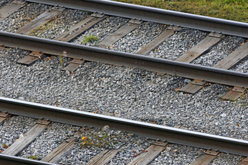 Fragment of tram tracks in close-up