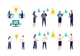 Metaphor of cooperation, create an idea, brainstorming. Flat design vector illustration of business people.