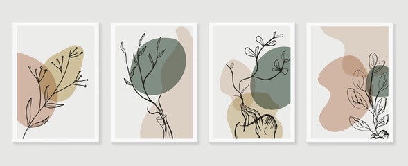 .Botanical wall art vector set. Earth tone boho foliage line art drawing with  abstract shape.  Abstract Plant Art design for print, cover, wallpaper, Minimal and  natural wall art.