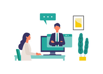 Concept for remote work, online class, teleconference. Vector illustration of people having communication via telecommuting system.