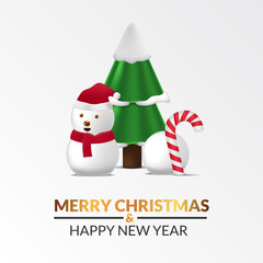 cute snowman and pine tree for christmas and happy new year