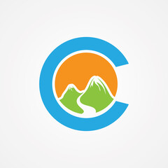 Letter C with mountain graphic in flat styl