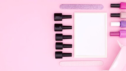 Nail manicure tools appear on right side of pink theme. Stop motion
