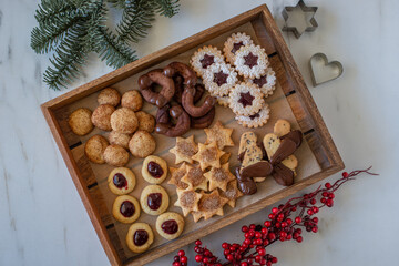 Traditional home made German Christmas Cookies on a festive table