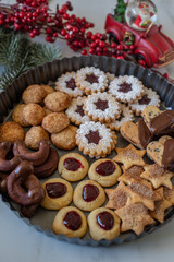 Traditional home made German Christmas Cookies on a festive table