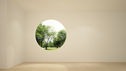 The interior minimal Empty space 3d rendering and nature view background	
