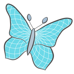 Blue butterfly isolared on white. Vector illustration of blue doodle butterfly for sticker, cover, print, icon design.