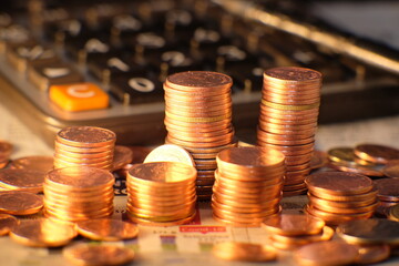 Close up of coins on black background, Coins stacked background and Advertising coins of finance and banking concept