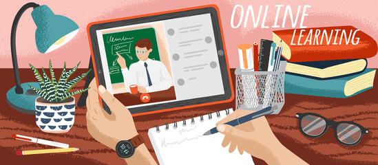 Student watching school lectures online and making notes. Distance education and online learning concept vector illustration. Study school course at home. Video call with teacher or private tutor