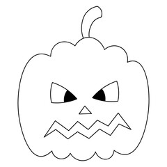 Pumpkin. Sketch. Ominous grimace. Halloween symbol.Vector illustration. Coloring book for children. Doodle style. Outline on an isolated white background. Angry facial expression. Jack-lantern. 