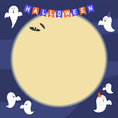Flat illustration with Halloween garland and ghosts with moon and bats