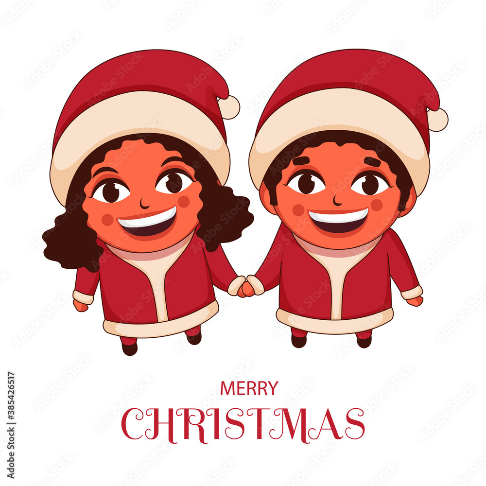 Wall mural illustration of cheerful kids character on white background for merry christmas celebration.