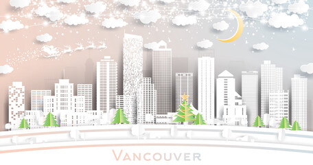 Fototapeta premium Vancouver Canada City Skyline in Paper Cut Style with Snowflakes, Moon and Neon Garland.