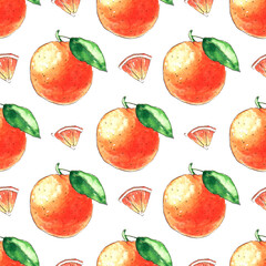 Seamless fruit watercolor pattern with oranges and leaves. Food pattern.
