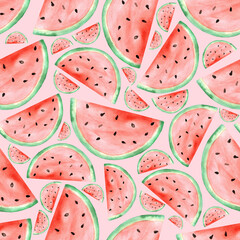 Watermelon slice. Watercolor on paper. Illustration. Hand made. Wall art print. Colorful image. Summer vibes. Healthy tropical food. Seamless pattern.	