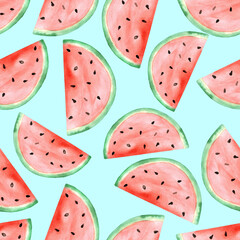 Watermelon slice. Watercolor on paper. Illustration. Hand made. Wall art print. Colorful image. Summer vibes. Healthy tropical food. Seamless pattern.	