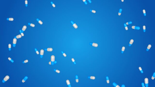 3D Loop Animation slow motion flying, falling pills. Colored tablets, capsules. Health care concept. Antibiotics inside pills, vitamins. pharmacy, presentations, Pharmaceutical. Alpha Channal