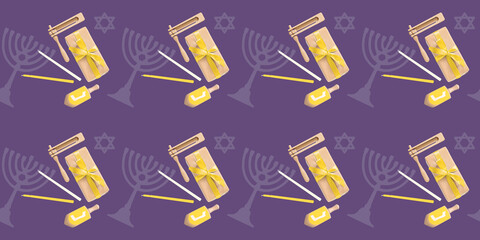 Candles, gifts and dreidels for Hanukkah on color background