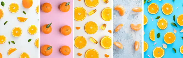 Collage with sweet citrus fruits on color background