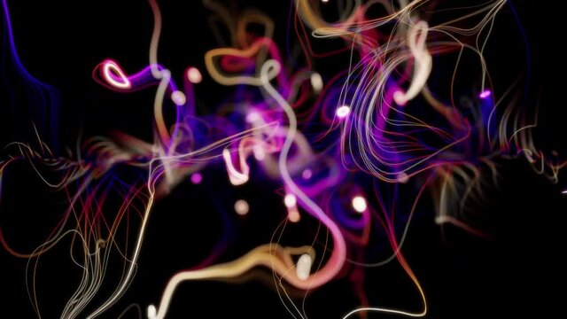 3d video animation abstract art of surreal background with curve wavy spiral and twisted magic miracle fantasy concentric tungsten filament electro plasma lines in yellow and purple glowing light