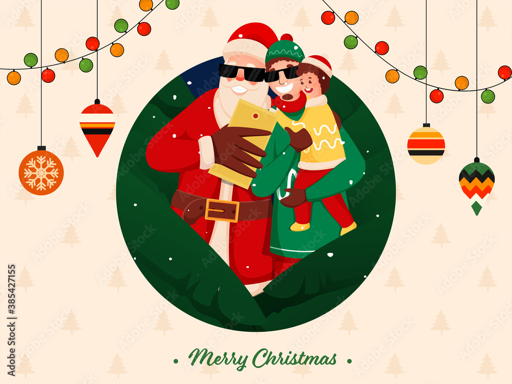 Sticker Cheerful Santa Claus Taking Selfie with Cartoon Man Holding His Son and Hanging Baubles on Xmas Tree Pattern Background for Merry Christmas.