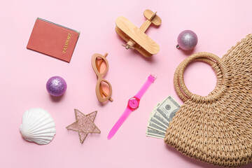 Obraz premium Composition with Christmas decor, passport and female accessories on color background