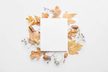 Poster Beautiful autumn composition with empty card on white background © Pixel-Shot