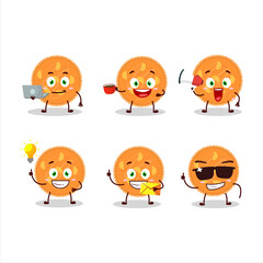 Orange pie cartoon character with various types of business emoticons