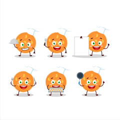 Cartoon character of orange pie with various chef emoticons