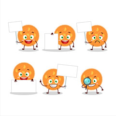 Orange pie cartoon character bring information board