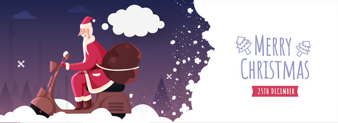 Illustration of Cheerful Santa Claus Riding Scooter with Heavy Bag on Snowy Landscape Background for Merry Christmas Celebration. Header or Banner Design.