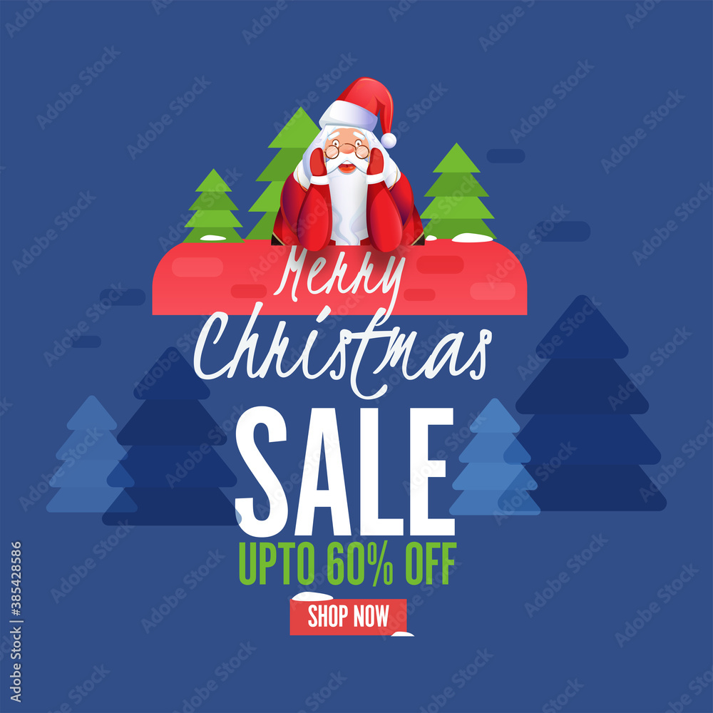 Wall mural Merry Christmas Sale Poster Design with 60% Discount Offer and Cartoon Santa Claus Character on Blue Xmas Tree Background.