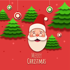 Paper Cut Style Cheerful Santa Claus Face with Xmas Trees and Hanging Baubles on Red Background for Merry Christmas Celebration.